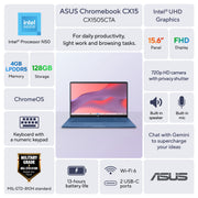 ASUS Chromebook CX15 Laptop, 15.6 in FHD IPS LCD Display, Intel Processor N50, 4GB RAM, 128GB Storage, ChromeOS, Forging Blue