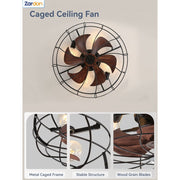 Zardon 23 in Black Caged Ceiling Fan with Lights, Remote Control, Flush Mount, Reversible DC Motor, 6 Speeds, Indoor