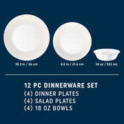 Corelle Hushed Lines 12-Piece Dinnerware Set, Durable Triple-Layer Vitrelle Glass, Oat Beige, Service for 4, 3606AB