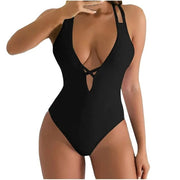 baikeli Womens One Piece Swimsuit Double Strap Deep V Neck, Black,XL