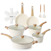 Sensarte SA-SET13-6PCS-WHITE Ceramic Nonstick Pots and Pans Set, 19Pcs Healthy Non Stick Cookware Set with Pots Protectors, White