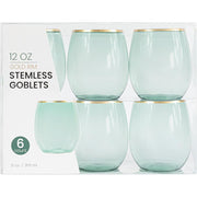 PLASTICPRO Stemless Disposable Wine Glasses, 12 Oz Translucent Green Plastic Cups with Gold Rim, Pack of 6