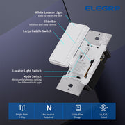 ELEGRP Slide Dimmer Switch, Single Pole and 3-Way, Compatible with Dimmable LED CFL 300W and Incandescent Halogen 600W, White, 6-Pack, DM19-WH6