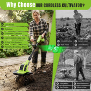 Fovendi 21V Cordless Electric Garden Tiller Cultivator with 2 3.0Ah Batteries, 9In Tilling Width, 6.7In Depth, 360RPM, Lightweight Design SY-818