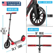 Madd Gear Kruzer 200 Folding Commuter Kick Scooter, Adjustable Handlebar, Oversized 200mm Wheels, Lightweight Carbon Steel Frame, Red