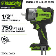 Greenworks IW5800A3 Pro PowerAll 24V Brushless Cordless Impact Wrench, 1/2 in, 750 ft-lb Breakaway Torque, Compact, Tool Only, IW5800A3
