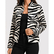 Zanvylia Women's Zebra Print PU Leather Jacket, Stand Collar, Button Front, Side Pockets, Contrast Seam Trim, Oversized Fit