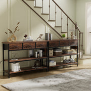 Valu4me Console Table with Power Outlets and USB Ports, Rustic Brown, 43.3 in, Narrow Sofa Table with 3 Fabric Drawers and 2 Open Shelves