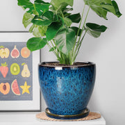 Ordivic 8 Inch Blue Ceramic Planter with Reactive Glaze, Drainage Hole, and Matching Saucer