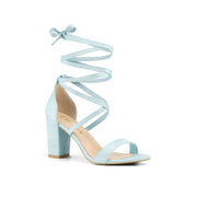 BLISSFUL STEP Allegra K Womens Lace-Up Chunky Block Heel Sandals, Blue, 3.1 in Heel
