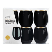 PLASTICPRO Disposable Stemless Wine Glasses, 12 Oz, Black and Gold Rim, Pack of 6, BPA-Free Shatterproof Plastic Cups