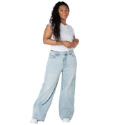 Celebrity Pink Women's Baggy Wide Leg Jeans, Light Stone Wash, Mid Rise Banded Waist, Soft Stretch Denim, Multiple Inseams 30