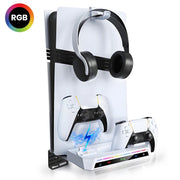 Atzeste PS5 Wall Mount Kit with 2-in-1 Dual Controller Fast Charging Station, Floating Shelf Holder, 9 RGB Light Modes, White, AZC505