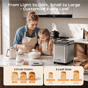 Patbrela Bread Maker Machine, 25 Preset Programs, 2LB Capacity, Stainless Steel, Brown, Digital Touchscreen, 3 Crust Colors, 3 Loaf Sizes, 15-Hour Timer, Keep Warm Function