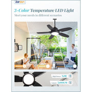 Zardon 42in Modern Outdoor Ceiling Fan with 6-Speed DC Motor, Dimmable LED Light with 3 Color Temperatures, Weather-Resistant, Black LX42