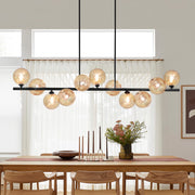 Lzawvm Linear Chandelier, 11-Light Pendant with Amber Swirled Glass Globes, Black Metal Finish, Adjustable Height, 51 Inch, 48719