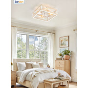 Zardon 16 Low Profile Caged Ceiling Fan with Light, Remote Control, Light Brown Wood and White Finish, 6-Speed Quiet DC Motor, Indoor