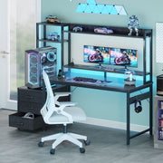 Casacomoda 55 inch Gaming Desk with LED Lights & Power Outlets, Home Office Desk with Reversible Storage Drawers & Monitor Shelves