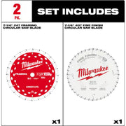 Milwaukee 48-40-0725 7-1/4 in. x 24-Tooth Framing & 40-Tooth Fine Finish Carbide Circular Saw Blades (2-Pack)
