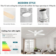 JSAITEE Ceiling Fan with Lights, 52 Inch Low Profile Flush Mount, Black, DC Reversible Motor, 6 Speeds, Remote Control, Dimmable LED Light SY66-Black