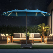 Patbrela 15ft Double Sided Rectangular Patio Umbrella with Solar LED Lights, Crank Handle, Blue Aluminum Alloy Frame