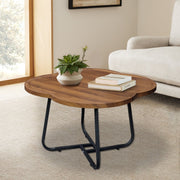 CERBIOR Vintage Modern Small Round Coffee Table, Wood Flower Finish, Wooden Surface Top, Sturdy Metal Legs, Raised Edge Design, 15 in