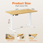 Concetta Electric Height Adjustable Desk, 55x24 Oak Wood Top, White Metal Base, Automatic Sit Stand Workstation with One-Touch Lift