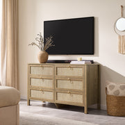 SICOTAS 6-Drawer Rattan Dresser with Gold Handles, Large Boho Coastal Chest, Cherry Oak, 51.14 in Wide, DR117
