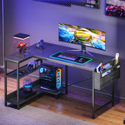 Sofanext 48 Inch L-Shaped Office Desk with Integrated Storage Shelf, Built-In Power Outlets and USB Ports, Fabric Side Bag, Black Carbon