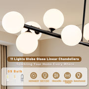 Uznhty 11-Lights Linear Chandelier with Frosted White Glass Globes, Black Metal Frame, Adjustable Height, 51 Inch