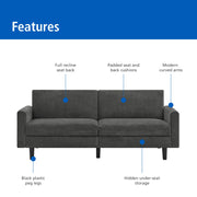 Mainstays 73in Storage Futon with Hidden Under-Seat Storage, Manual Reclining Seat Back, Charcoal, Twin Size MS2632758696R01