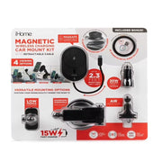 iHome 15W Magnetic Wireless Charging Car Mount 8pc Kit with Retractable Cable