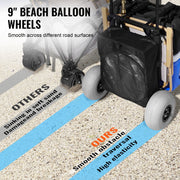 KFFKFF Beach Cart with Large 9-Inch Balloon Wheels, 20.1 x 14.6 Inch Platform, Foldable Design, Adjustable Handle Height 27.2 to 44.9 Inch, Supports Up to 165 lb, Durable Metal Frame