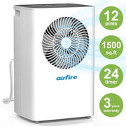 AIRFIRE PD8-02AE 12 Pint Dehumidifier, 1500 Sq.Ft Coverage, 0.59 Gal Water Tank with Overflow Protection, Quiet Operation, Touch Controls, Timer, Drain Hose
