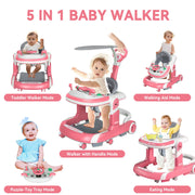 RICHYOUNG 5-in-1 Foldable Baby Walker with Music, Height Adjustable Push Walker, Car-Themed Toy, Pink