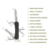 Swiss Tech Helfen 12-in-1 Multi Tool Knife with Stainless Steel Drop Point Blade, G10 Handle, Black, 6161