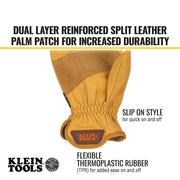 Klein Tools Premium Cowhide Leather Work Gloves, Gunn Cut Design, Abrasion-Resistant Split Leather Palm, Light Brown, X-Large, 60605