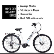 Hyper Bicycles HYP-E700-1301 E-Ride 700C 36V Electric Commuter E-Bike for Adults, Pedal-Assist, 250W Mid-Drive Motor, Matte White