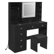 Ktaxon Color Lights Drawers Charging Station Vanity Desk Table Set Black - Adjustable Shelf