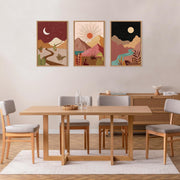 HPINUB Modern Boho Framed Canvas Wall Art Set, Colorful Moon and Sun Desert Painting, Southwest Landscapes, Rustic Mountain Decor, 16x24x3 in, Pack of 3