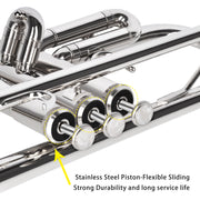 EastRock Bb Trumpet, Nickel-Plated Brass Body, Precision Piston Valves, Adjustable Third Piston Finger Ring, 7C Mouthpiece, Complete Pro Care Kit