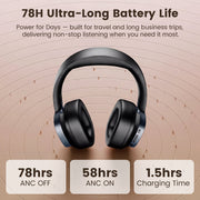 TRIGIZ Bluetooth Over-Ear Headphones, 78H Playtime, Bluetooth 5.4, Dual Device Connection, Deep Bass, Active Noise Cancellation, Foldable Lightweight Design, Black