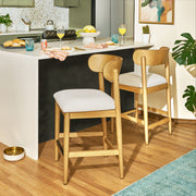 Beautiful Drew Counter-Height Stools, Solid Wood, Cream Boucl Padded Seats, Horseshoe Backrest, Warm Honey Finish, 2 Pack