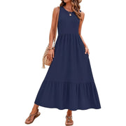 OutfitShow Summer Maxi Dress for Women, Sleeveless, Flowy Tiered Skirt with Ruffle Details, Blue, with Pockets
