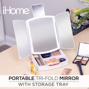 iHome iCVS30 Portable Tri-Fold Lighted Vanity Mirror with Makeup Organizer, Three Color Light Modes