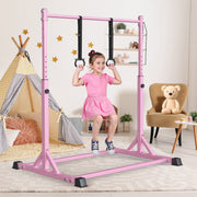 Primy Gymnastics Bar for Kids, Adjustable Height 39-61in, Steel Frame with Fiberglass Rail, Stable Triangle Base, Supports 230 lbs, Pink