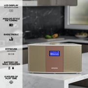Aiwa Exos-5 Wireless Bluetooth Hi-Fi Home Speaker with FM Radio, USB, AUX, LCD Clock, 20W RMS, Portable Battery