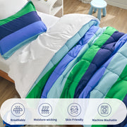 Sonive Twin Kids Comforter Set, 5 Pieces, Blue Green Rugby Stripe, Super Soft Microfiber, All-Season Cooling Bedding