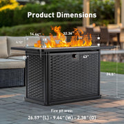 Philergo 43in Propane Fire Pit Table, Black Alloy Steel, 60,000 BTU, Rectangular with Tempered Glass Wind Guard, Blue Glass Rocks, Waterproof Cover