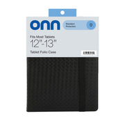Onn Universal Tablet Folio Case with Adjustable Corners, Multiple Viewing Angles, Stylus Holder, Black Woven Soft Shell for 12 to 13 Inch Tablets